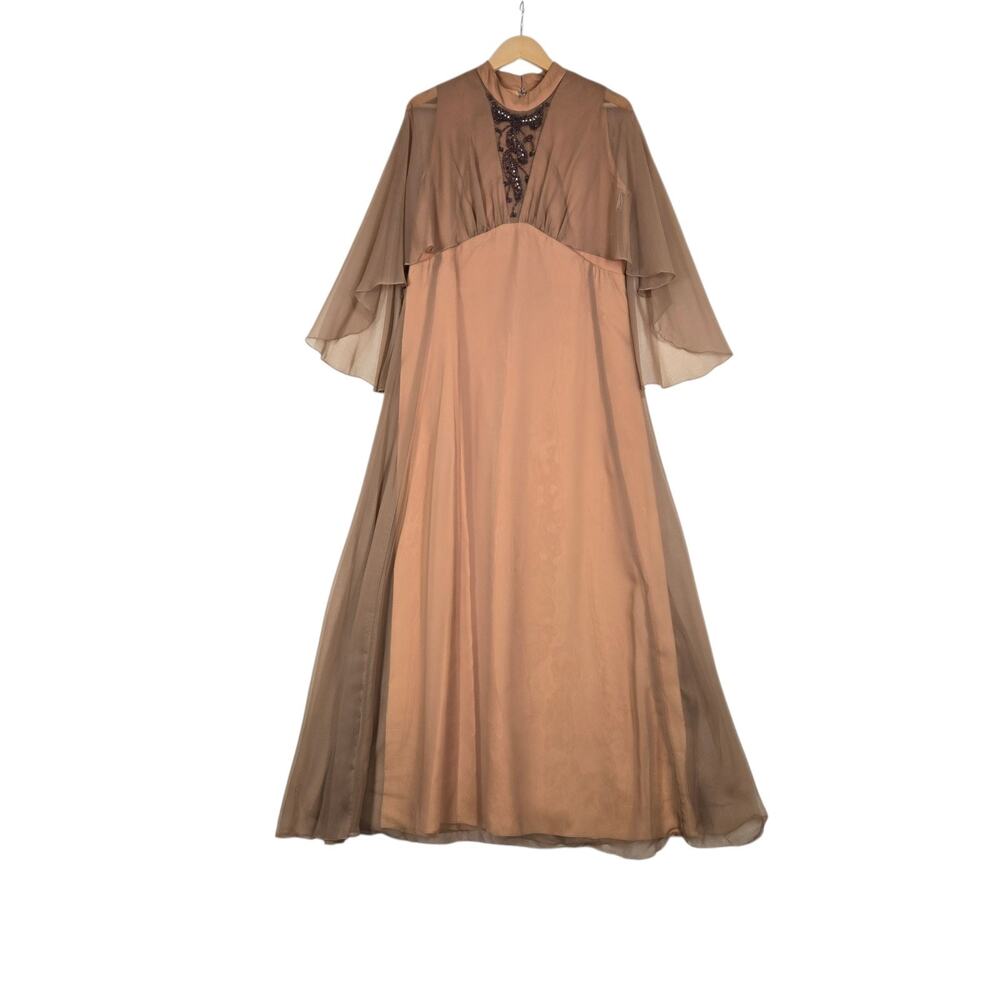 Vintage 1970s Chiffon Gown Brown Ethereal Flared Cape Sleeves Beaded Bodice NWT